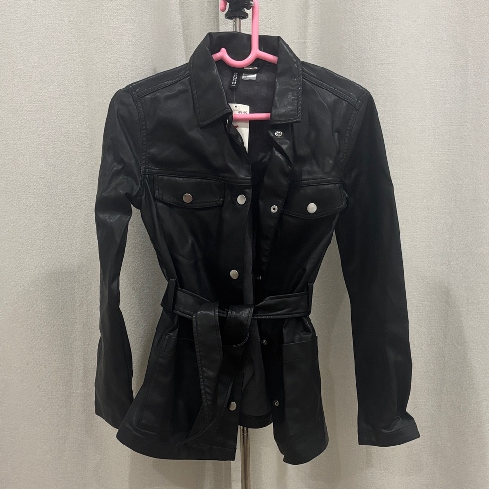 H&M Black Leather Belted Jacket